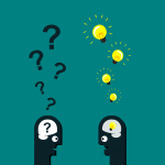 two people with questions and light bulbs coming out of their heads